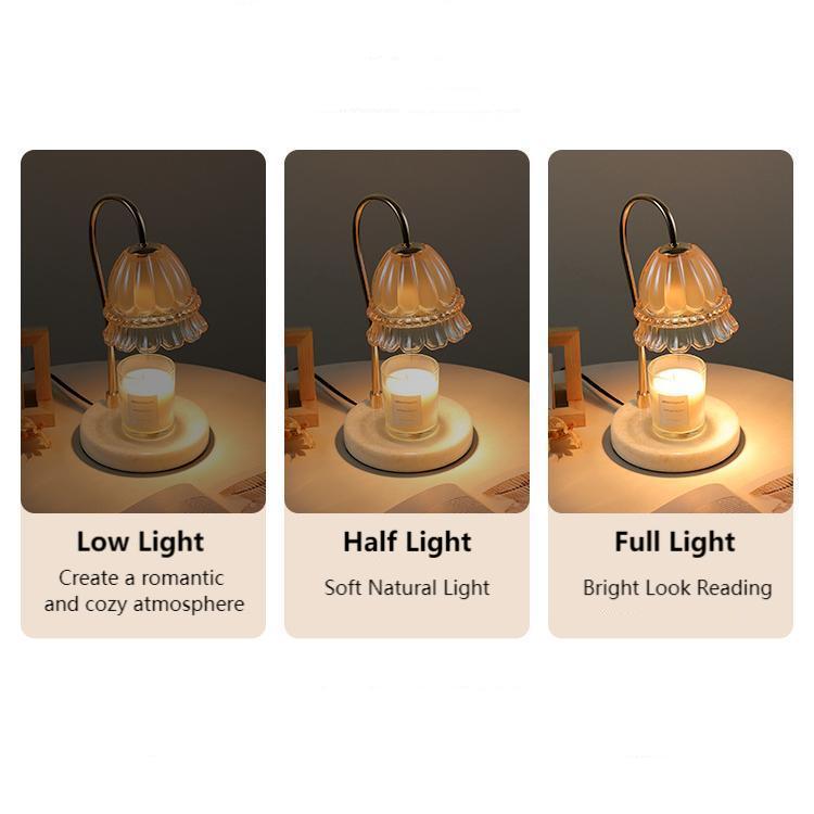Comparison of candle warmer light levels: low, half, and full, showing the versatility of the lamp in different moods