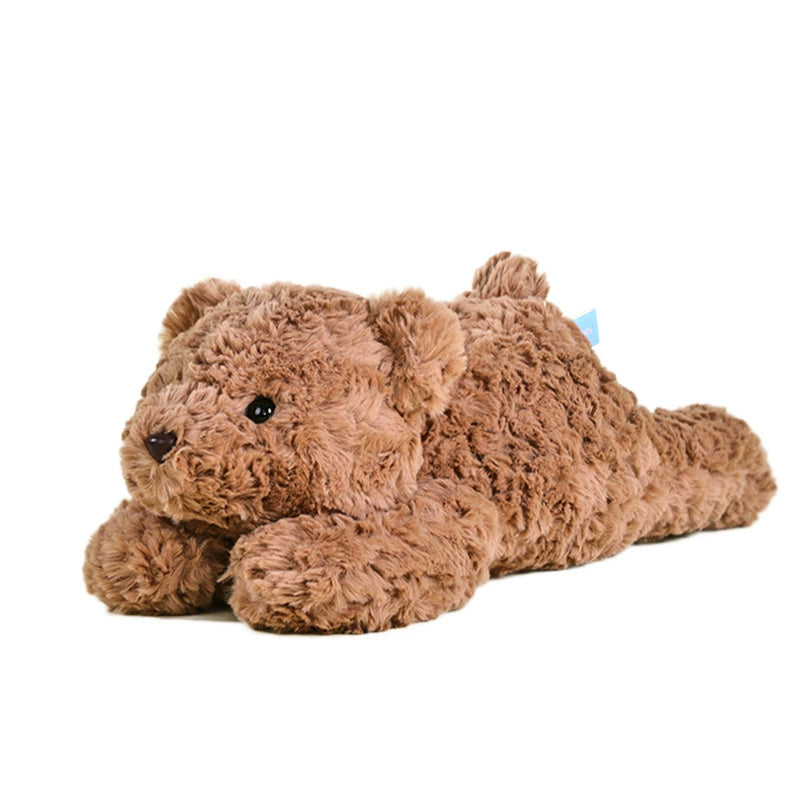 Brown teddy bear plush toy laying down, isolated on white background