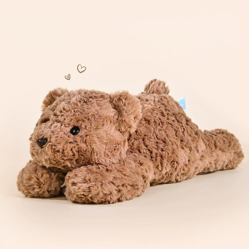 Cozy brown teddy bear plush toy in a relaxed pose on a neutral background