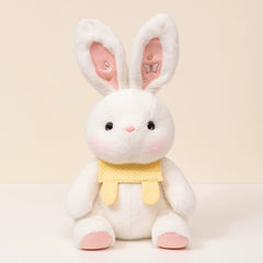 Adorable bunny plush toy with long ears and yellow bib, delightfully huggable