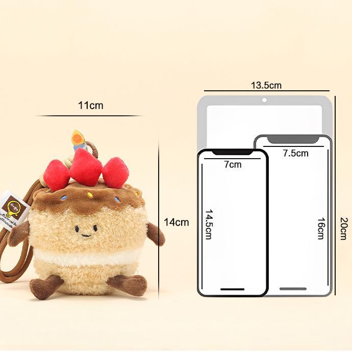 Cake plush keychain placed next to various mobile device outlines for size reference