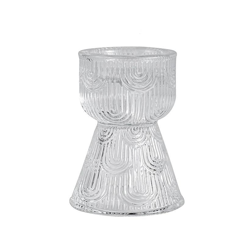 Minimal clear glass candle holder highlighting elegant striped pattern