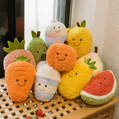 Complete set of fruit plush toys arranged on a sofa, colorful and cheerful