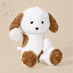 Front view of the Cute Running Puppy Plush sitting with inviting eyes and floppy ears