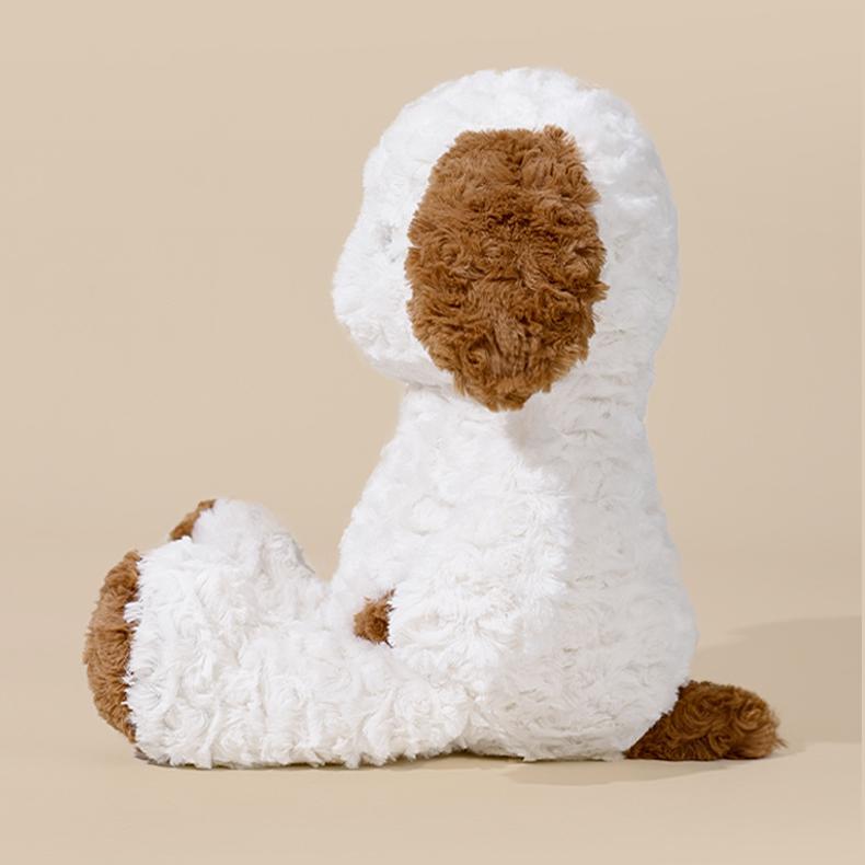 Side view of the Cute Running Puppy Plush showcasing its soft brown and white fur texture