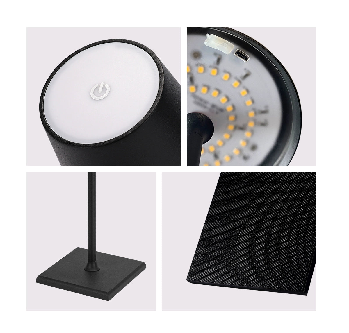 Close-up views of lamp details: touch button, LEDs, textured base, and charging port