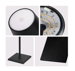 Close-up views of lamp details: touch button, LEDs, textured base, and charging port