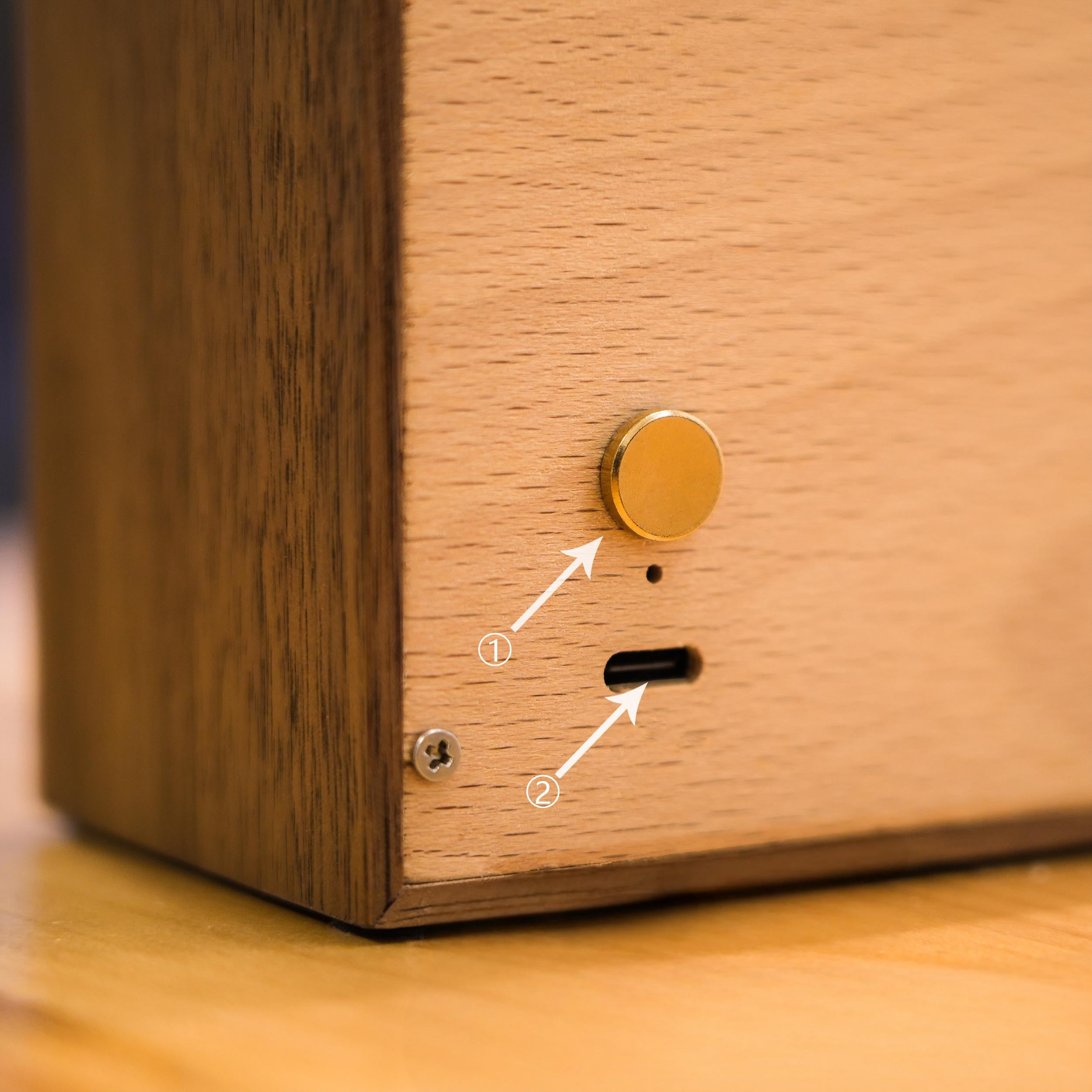 Macro view of the night light’s gold touch switch and USB charging port, showing elegant and modern design features.