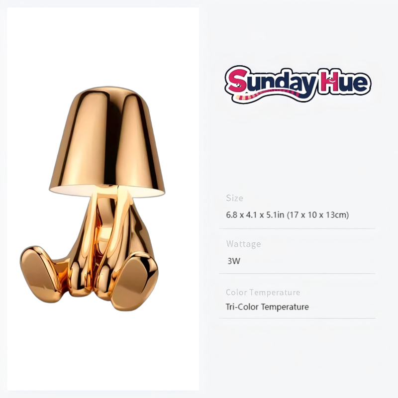 Gold Soulster Lamp in relaxed, extended sitting pose, ideal for creative inspiration
