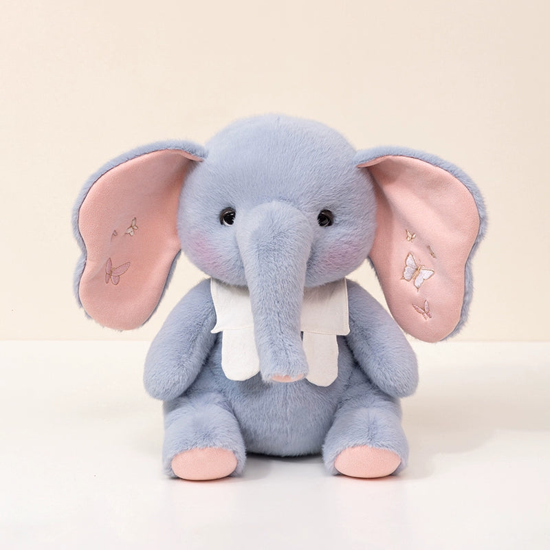 Gentle blue elephant plush toy with pink ears and embroidered butterfly accents