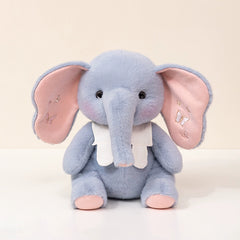 Gentle blue elephant plush toy with pink ears and embroidered butterfly accents