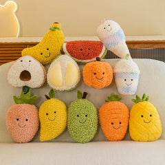 Group of assorted fruit plush toys piled together for a cozy, inviting display
