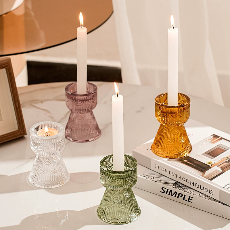 Versatile glass candle holders shown with stick candles, expressing romantic vibes