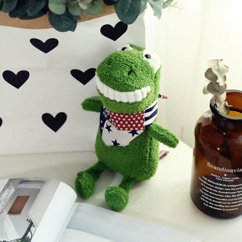 Green dinosaur plush toy grinning beside a Scandinavian-style bottle and modern decor