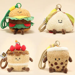 Four distinct food-themed plush keychains: burger, sandwich, milk tea, and cake