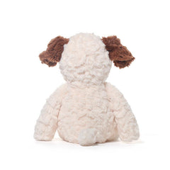 Back view of Jack the Sad Puppy Plush highlighting brown ears and round tail