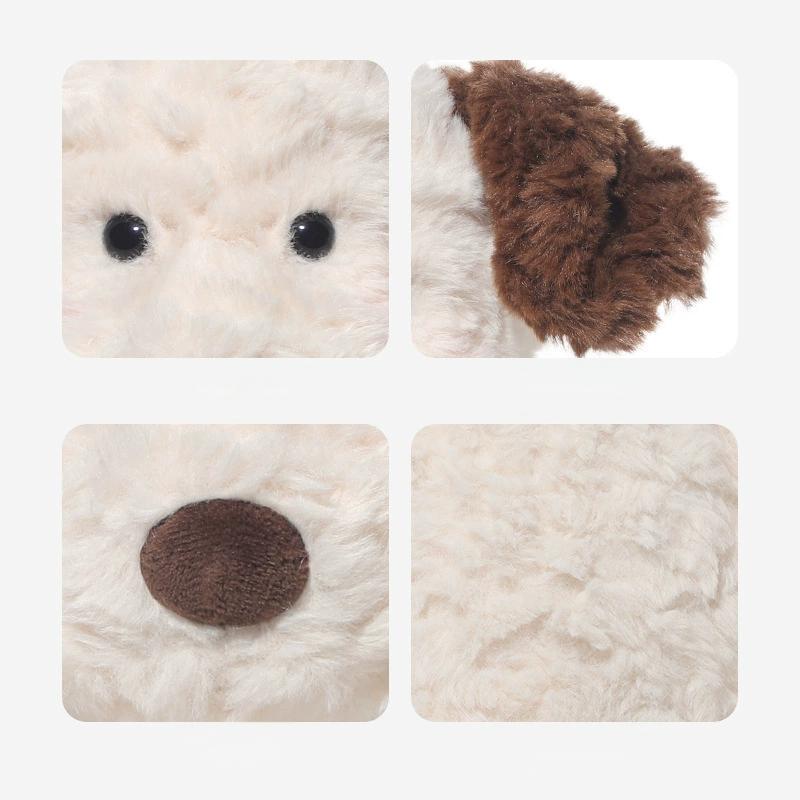Close-up shots of Jack the Sad Puppy Plush showing embroidered nose, soft fur, and brown ear detail