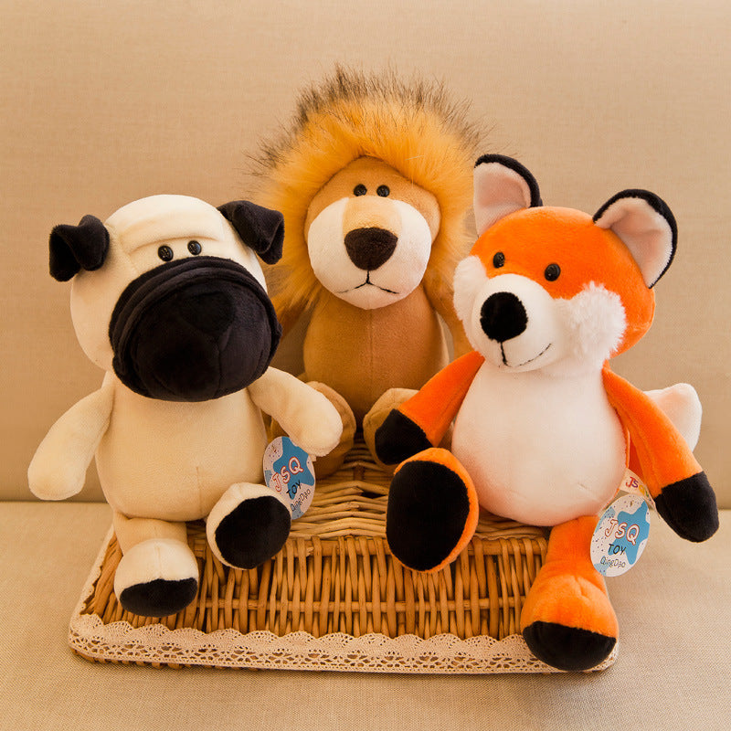 Lion, fox, and pug plush toys together on a woven tray, expressing playful unity and tactile Plush Toys value
