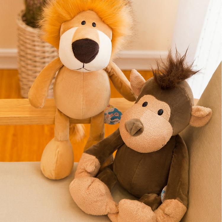 Pair of lion and monkey plush toys on an armchair, signifying friendship and shared emotional support as Plush Toys