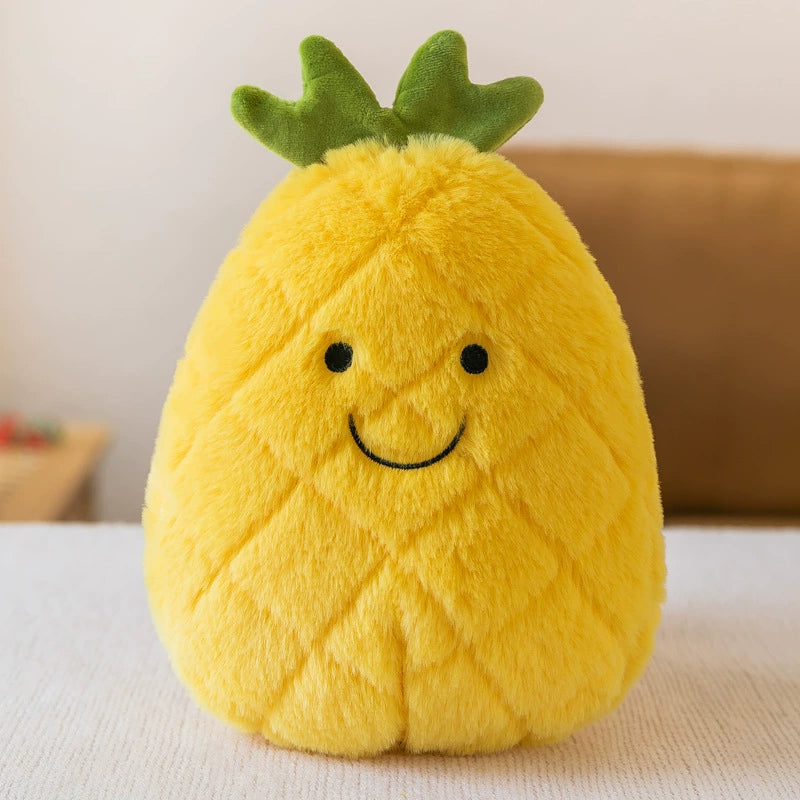 Cheerful pineapple plush toy with bright yellow short plush and green top, sitting on a table