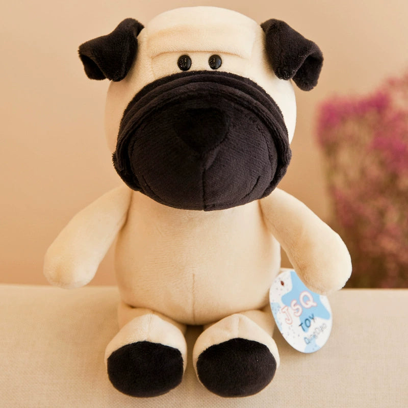 Close-up of pug plush toy sitting on the sofa, emphasizing its adorable face and Plush Toys’ affection