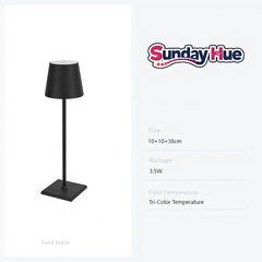 Modern black desk lamp, minimalist silhouette, displaying touch function and specs