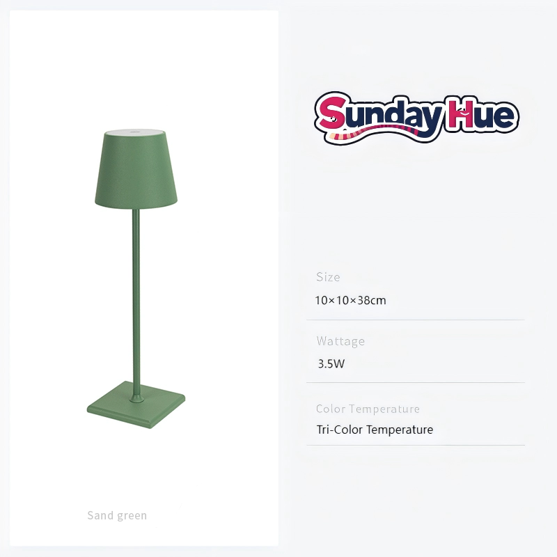 Sand green modern desk lamp with a slim silhouette, size and lighting information listed
