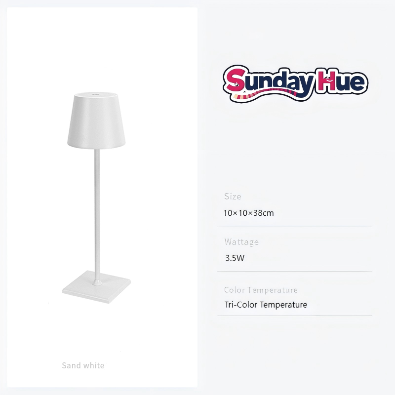 Clean white desk lamp, minimal design, showing tri-color temperature and manual size indication