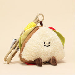 Front view of sandwich plush keychain with delightful embroidered smile