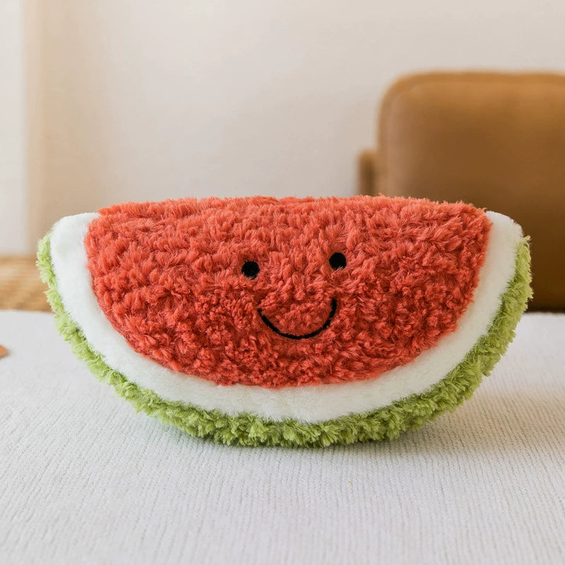 Watermelon slice plush toy with red, white, and green layers and a cheery face