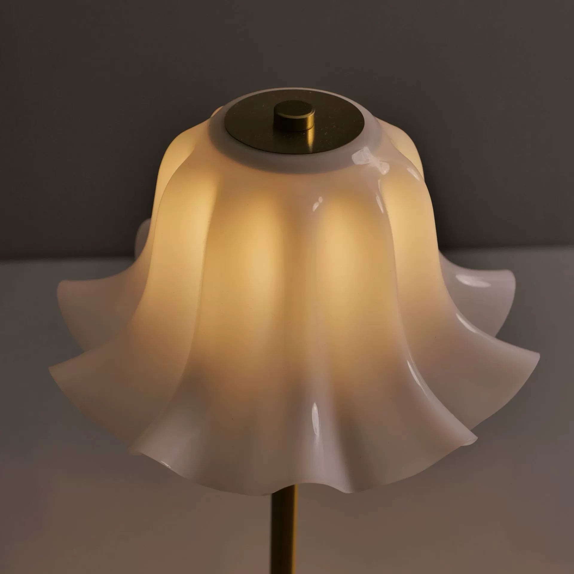 A detailed close-up of the desk lamp's frosted petal lampshade, capturing how it beautifully diffuses light to create a soft, non-glaring radiance.