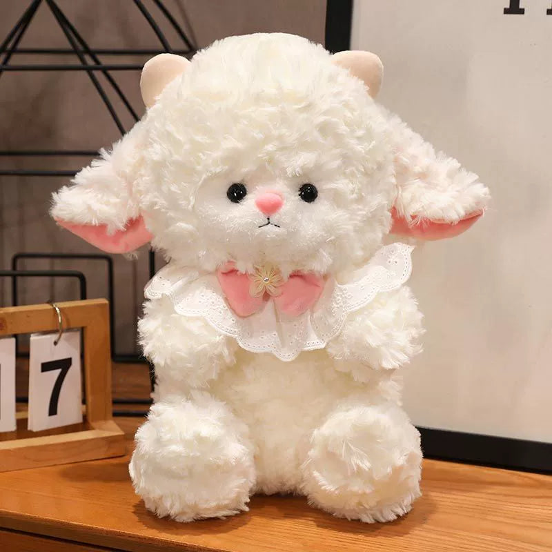 Princess Lamb Plush Toy standing on desk, showing its adorable face