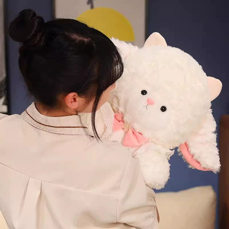 Person gently hugging Princess Lamb Plush Toy, highlighting its emotional comfort