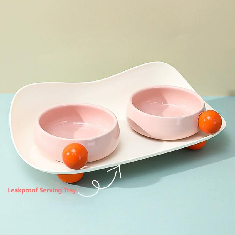 Double pink Sugar Bean Ceramic Cat Bowls with leakproof serving tray