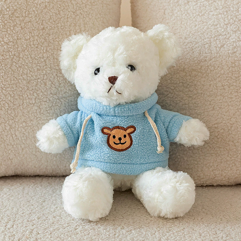 White Teddy Bear Plush in calming blue hoodie with bear patch, comforting friend, SundayHue Plush Toys