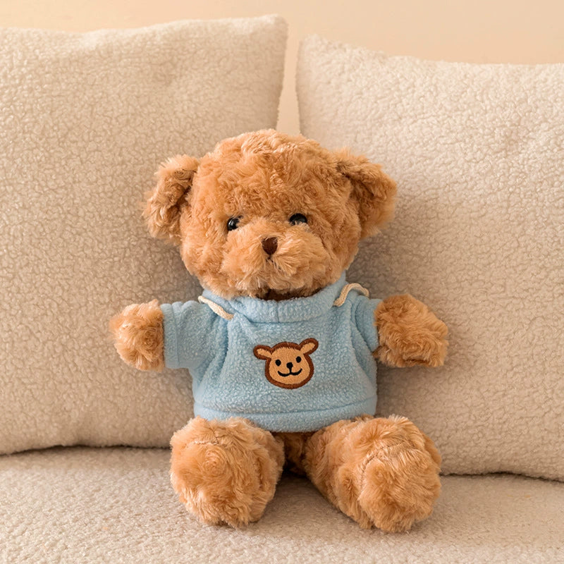 Brown Teddy Bear Plush in soothing blue hoodie, gentle and caring, SundayHue Plush Toys