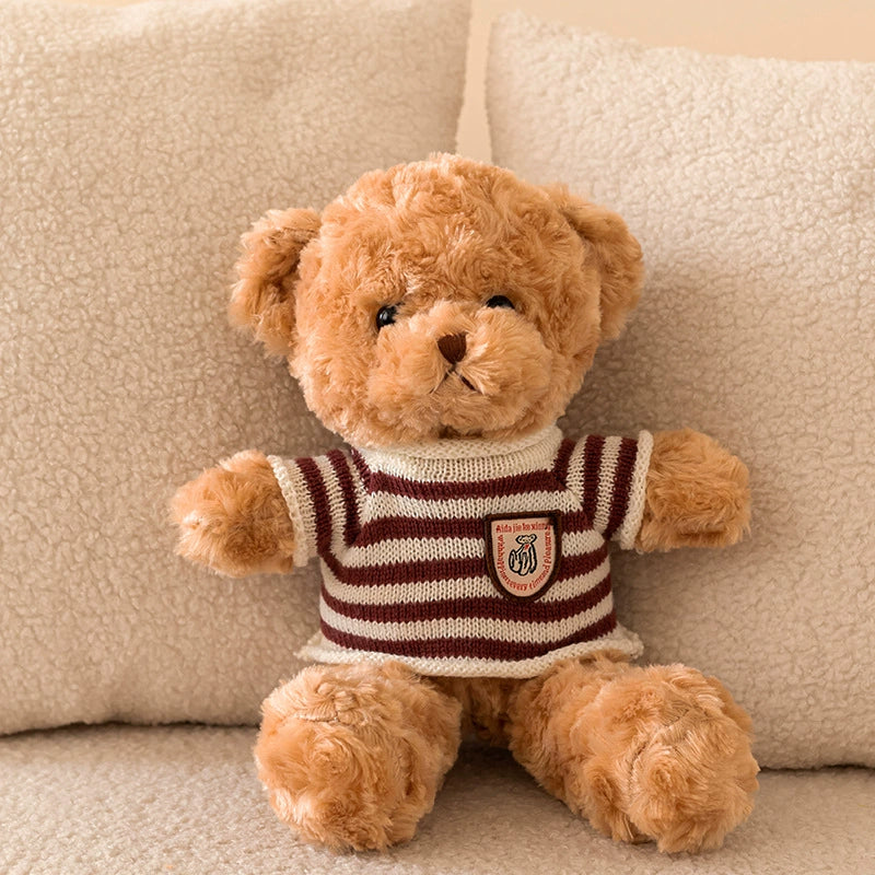 Brown Teddy Bear Plush with beige striped sweater, soft to the touch, SundayHue Plush Toys