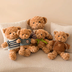 Group of five brown Teddy Bear Plush in different outfits, evoking family bond, SundayHue Plush Toys