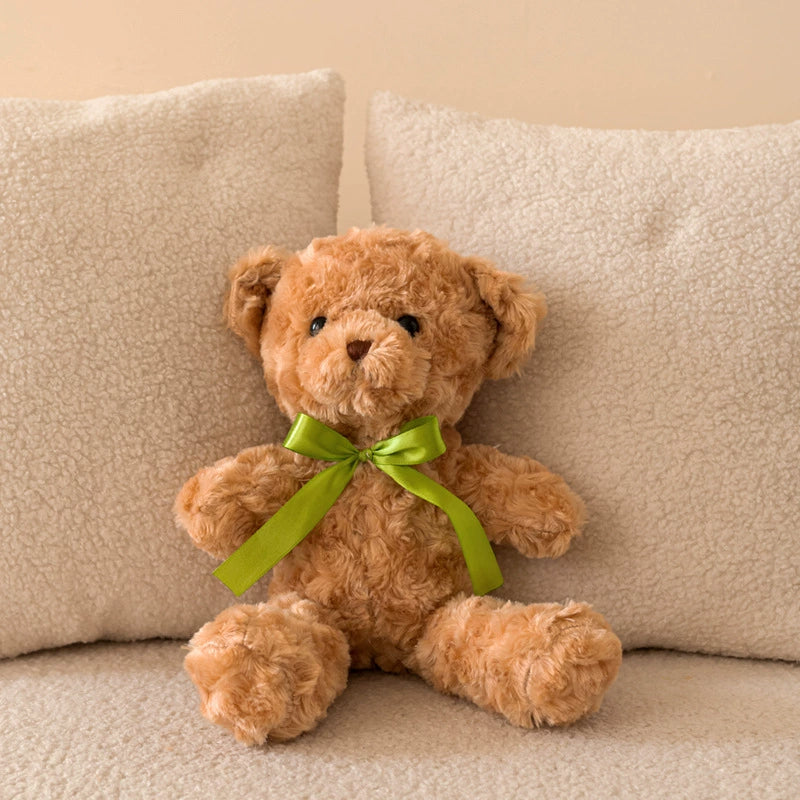 Brown Teddy Bear Plush with a fresh green bow, heartfelt friendship, SundayHue Plush Toys