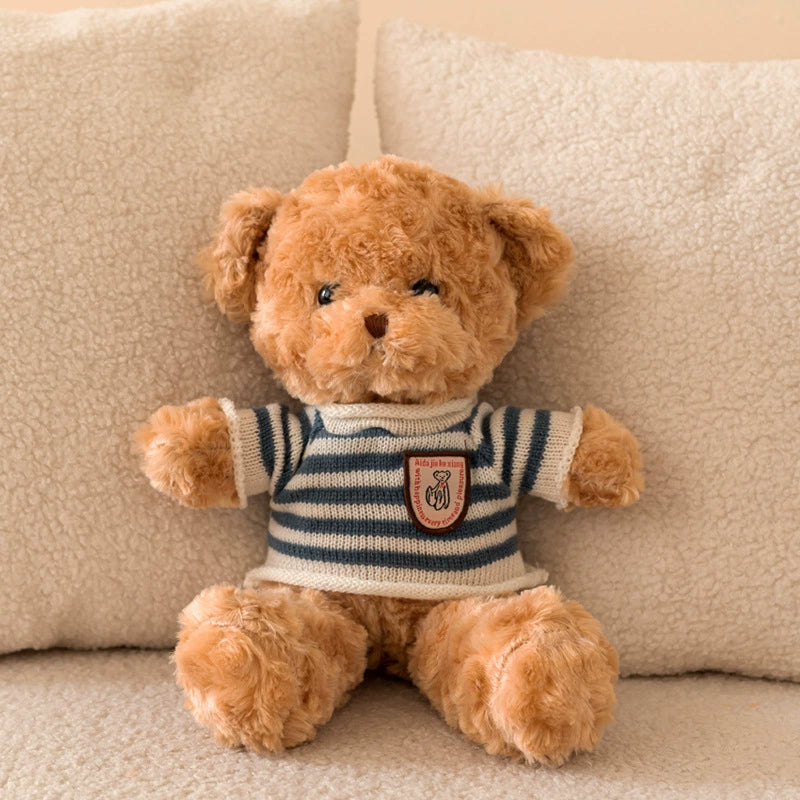 Brown Teddy Bear Plush in grey striped sweater, representing calm warmth, SundayHue Plush Toys