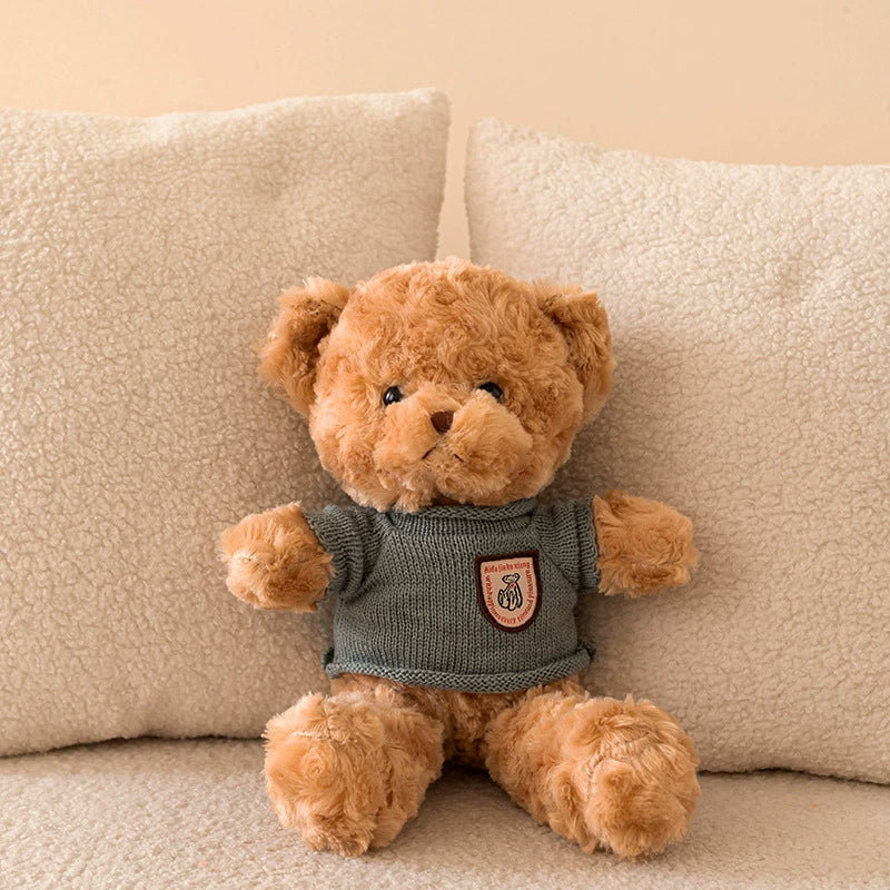 Brown Teddy Bear Plush in grey sweater, offering gentle comfort, SundayHue Plush Toys