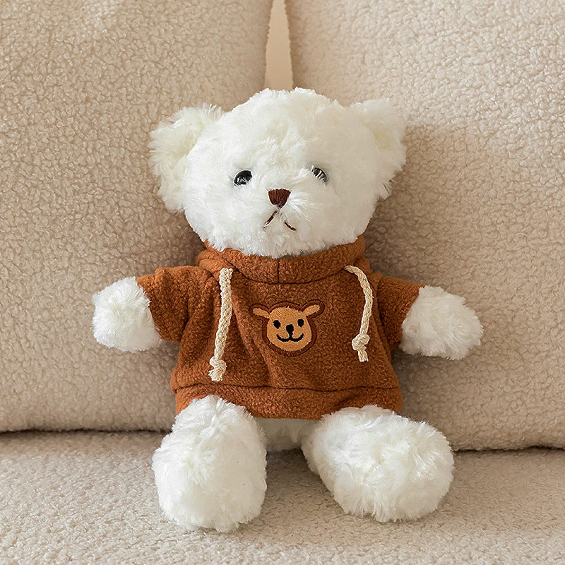 White Teddy Bear Plush with cozy brown hoodie, ready for a hug, SundayHue Plush Toys