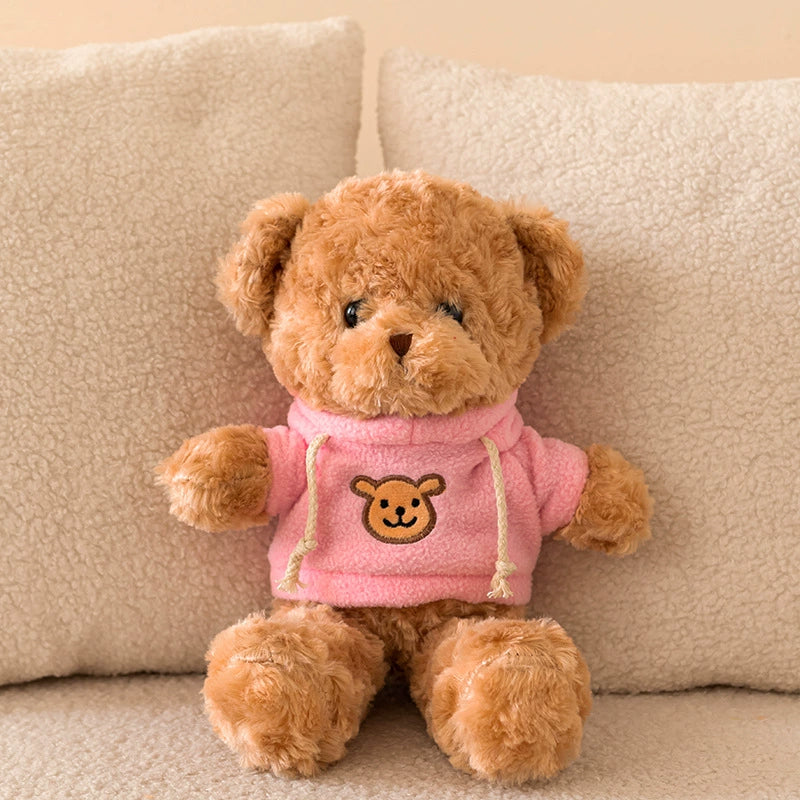 Brown Teddy Bear Plush in pink hoodie with bear face, gentle and loving, SundayHue Plush Toys