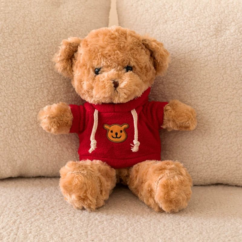 Brown Teddy Bear Plush in a red hoodie with bear face patch, radiates warmth, SundayHue Plush Toys