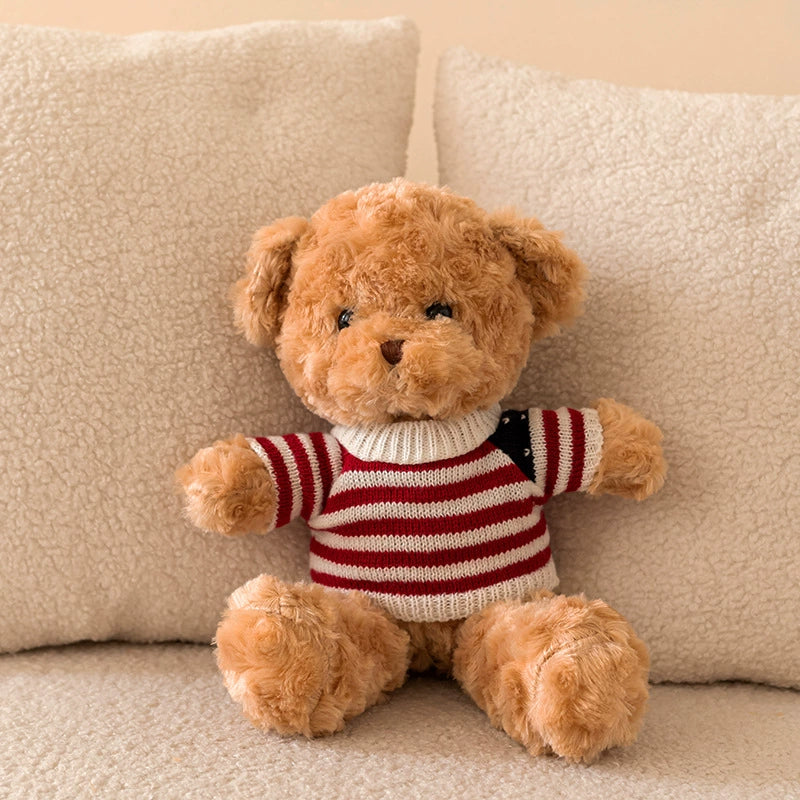 Brown Teddy Bear Plush in red striped sweater, soft and charming, SundayHue Plush Toys