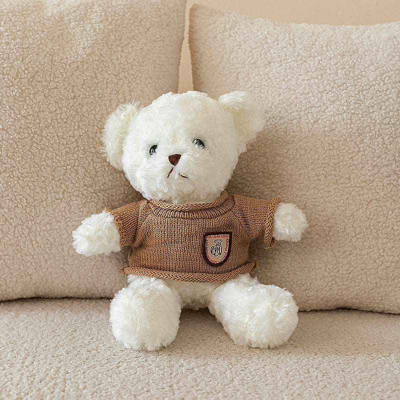 White Teddy Bear Plush in brown sweater, ra