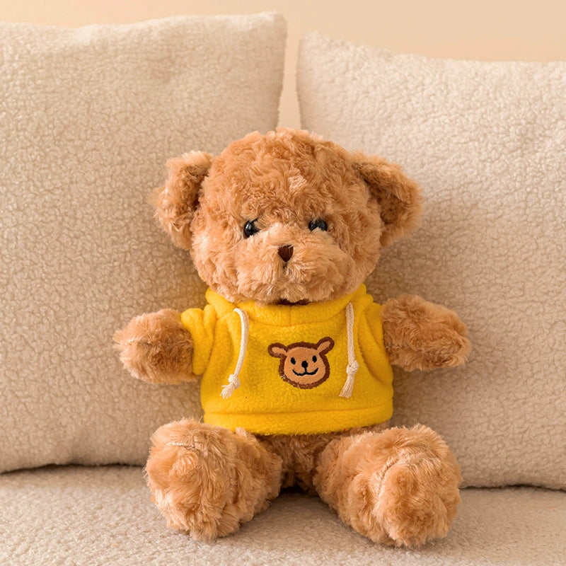 Brown Teddy Bear Plush in vibrant yellow hoodie with bear face, cheerful presence, SundayHue Plush Toys
