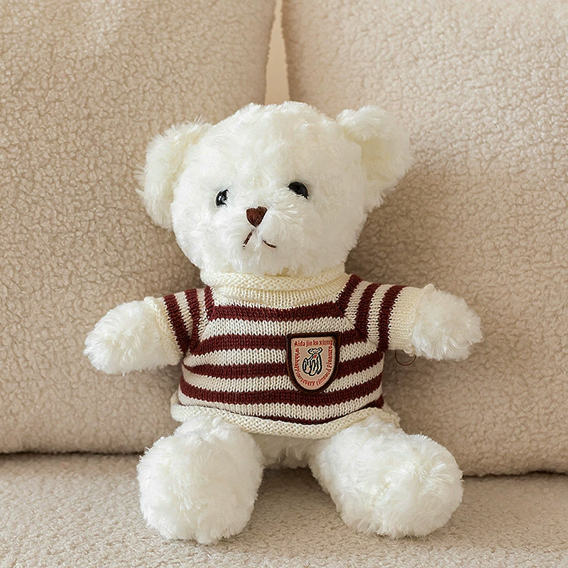 White Teddy Bear Plush in cream and brown striped sweater, offering gentle company, SundayHue Plush Toys
