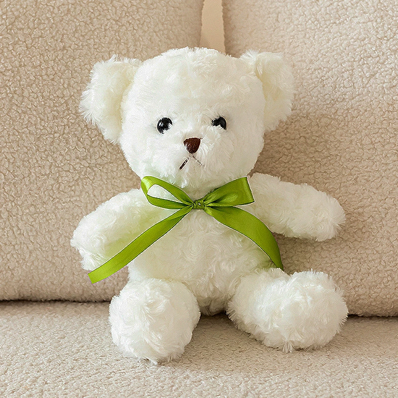 White Teddy Bear Plush with a vibrant green bow, symbolizing hope, SundayHue Plush Toys