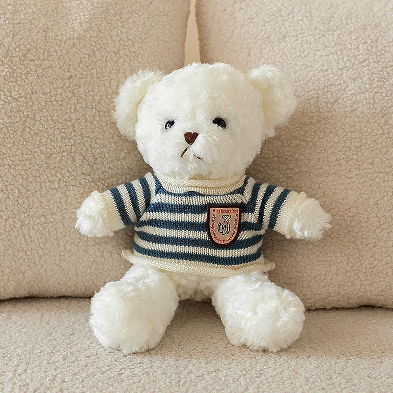 White Teddy Bear Plush in blue-grey and cream striped sweater, soft and huggable, SundayHue Plush Toys